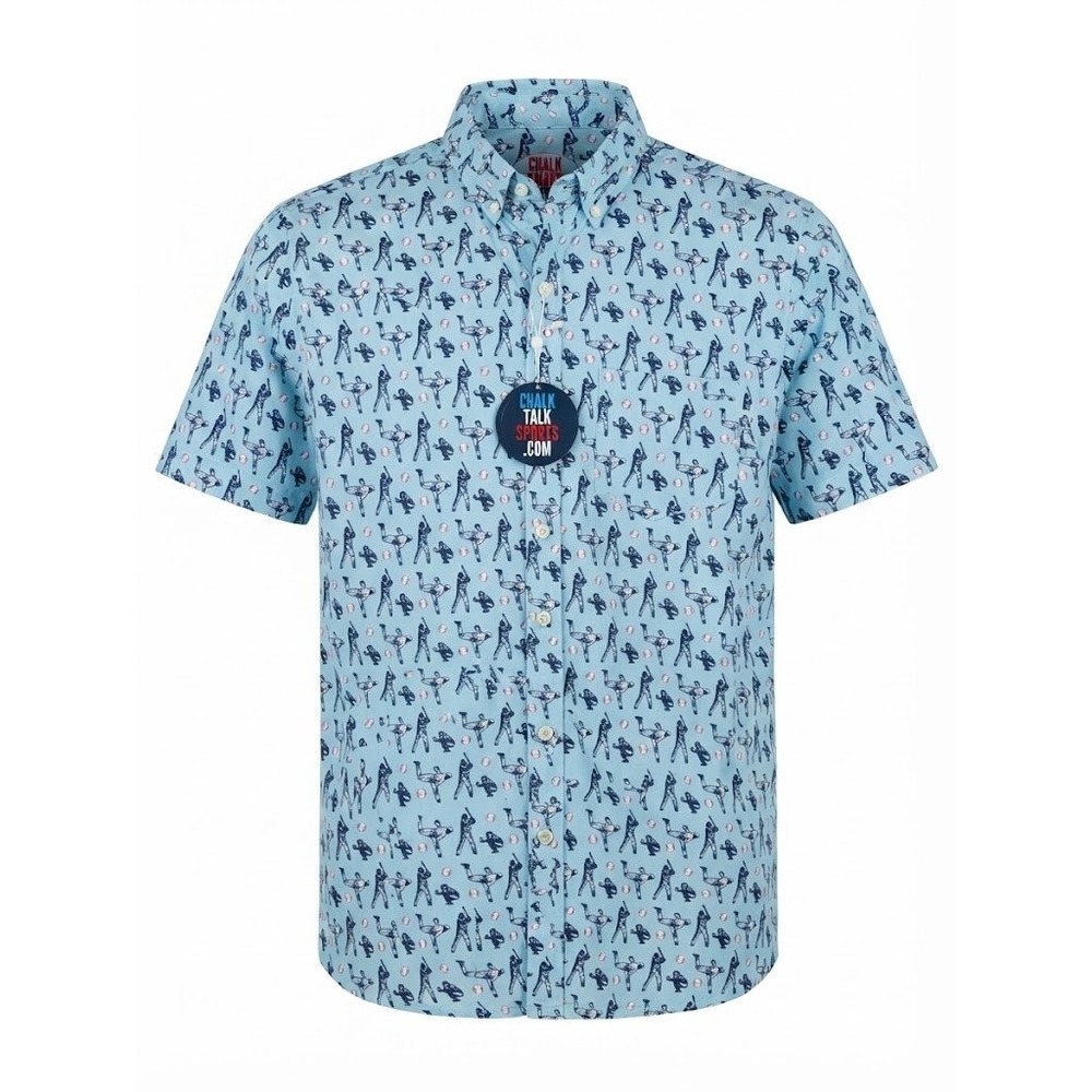 NEW ChalkTalk Sports Mens XL Blue Baseball Graphic Short Sleeve Button Up Shirt
